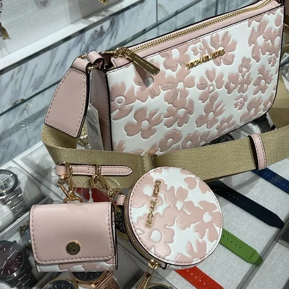 Michael Kors Jet Set Sm Sequined Floral Print Crossbody Case for Apple Airpods P - Picture 3 of 16